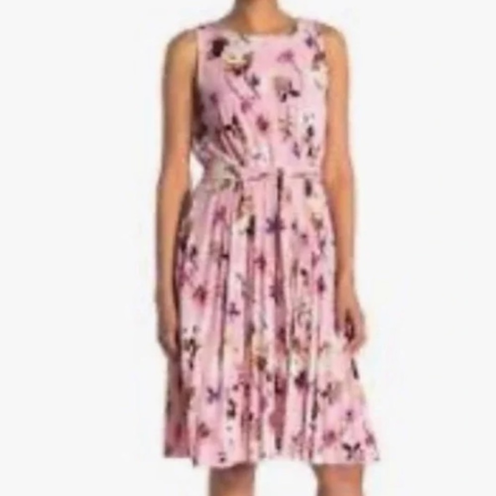 Tahari Women M Pink Floral Pleated Sleeveless Tie Belted Lined Knee Lgth Dress